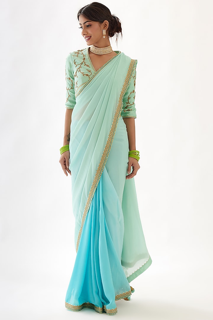 Light Blue & Turquoise Embroidered Saree Set by Nikasha