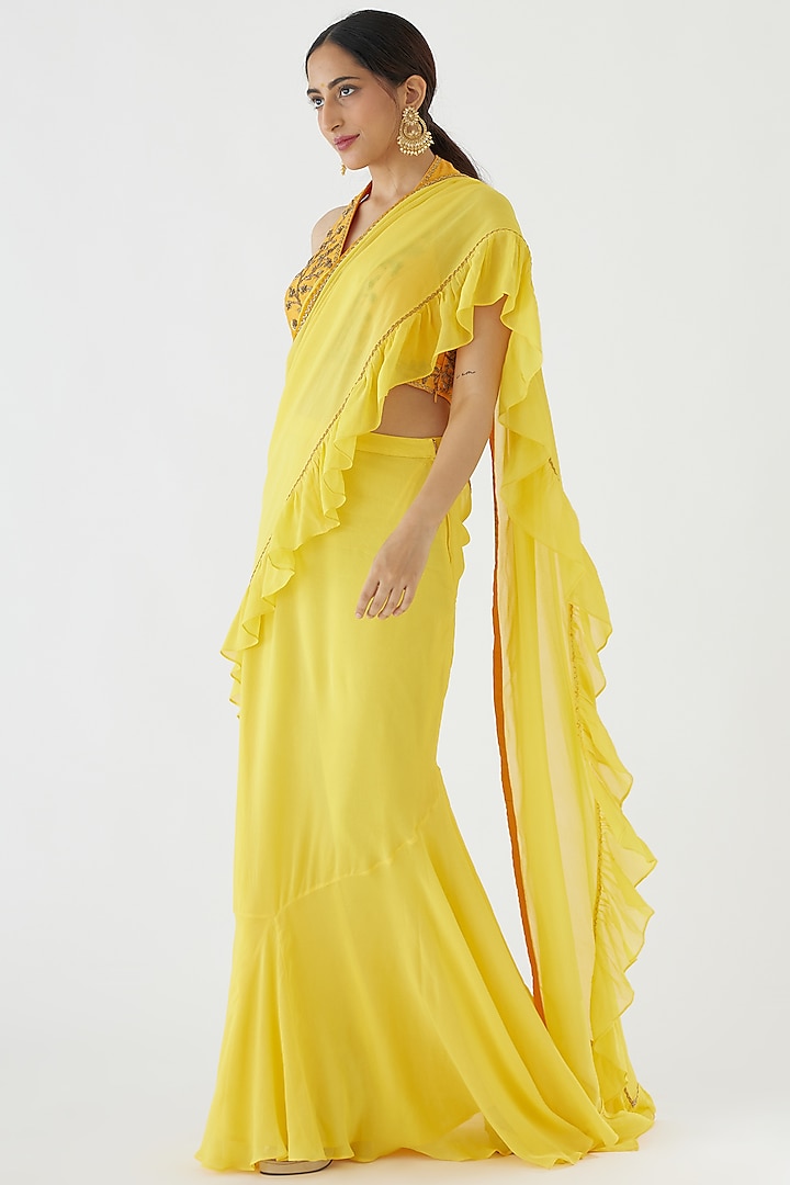 Yellow Embroidered Ruffled Saree Set by Nikasha