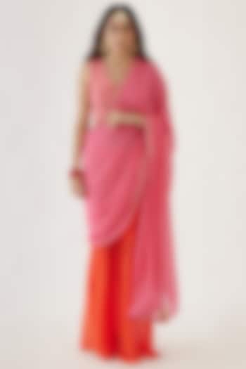 Pink & Gajjiri Viscose Georgette Embroidered Sharara Saree Set by Nikasha