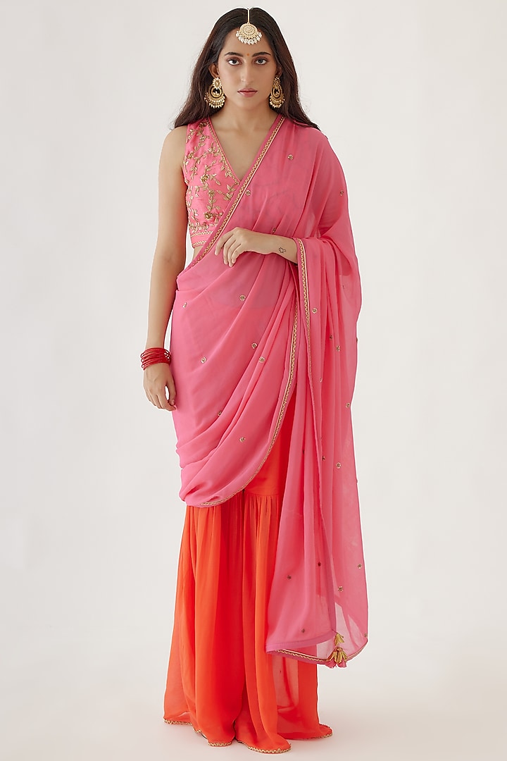 Pink & Gajjiri Viscose Georgette Embroidered Sharara Saree Set by Nikasha