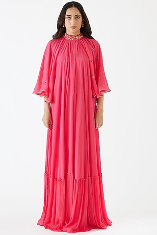 Rani Pink Embroidered Kalidar Dress by Nikasha
