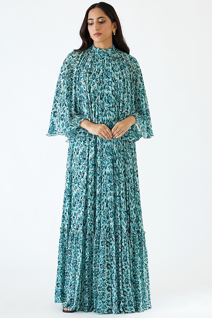 Sea Blue & Turquoise Embroidered Dress by Nikasha at Pernia's Pop Up Shop