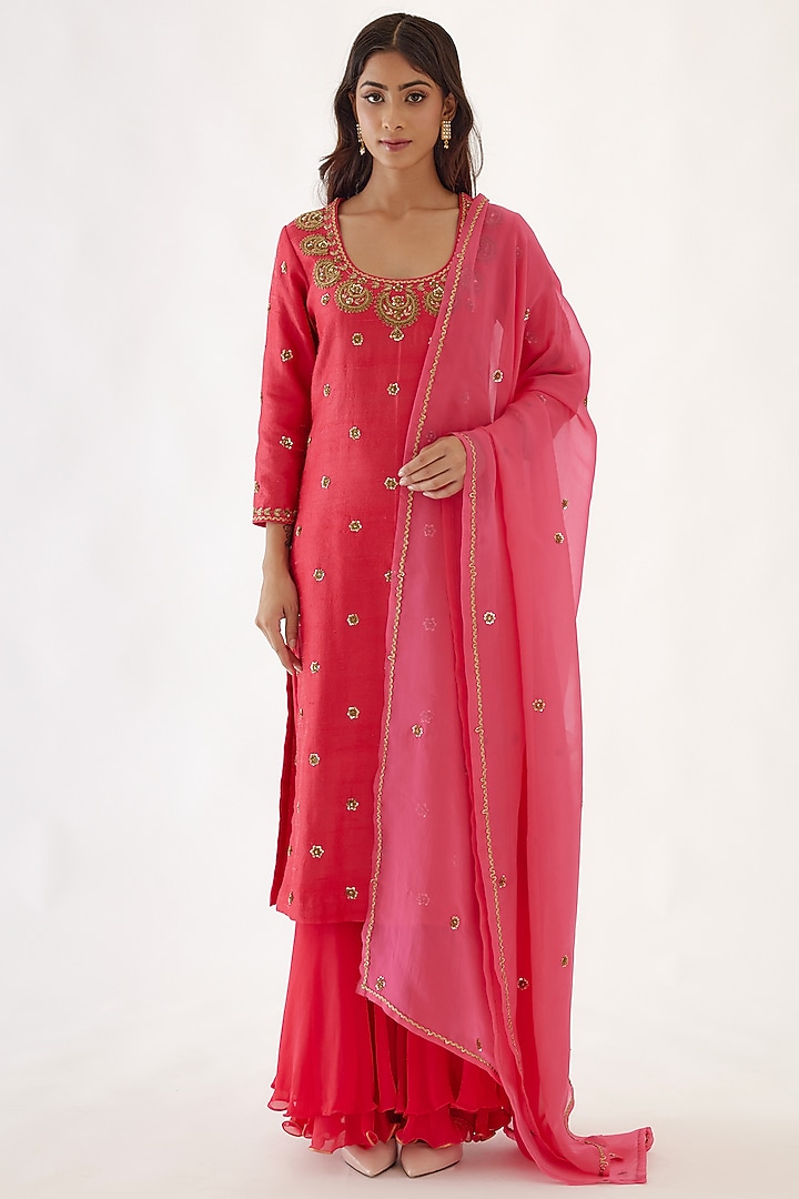 Rani Pink Embroidered Kurta Set by Nikasha at Pernia's Pop Up Shop