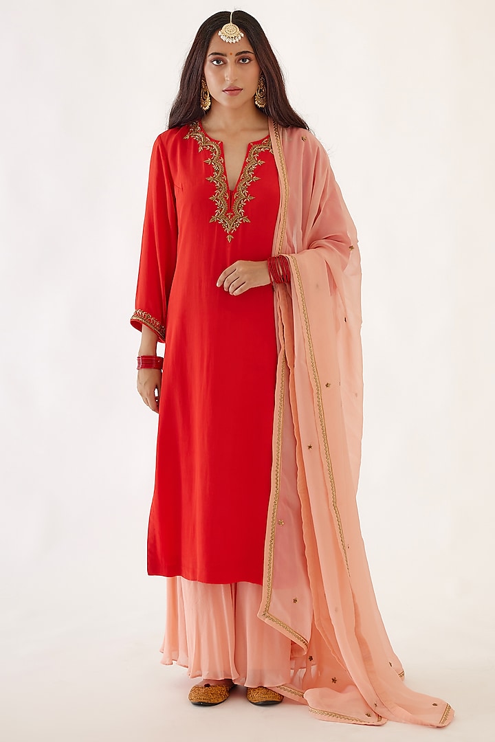 Coral Red Embroidered Kurta Set by Nikasha at Pernia's Pop Up Shop