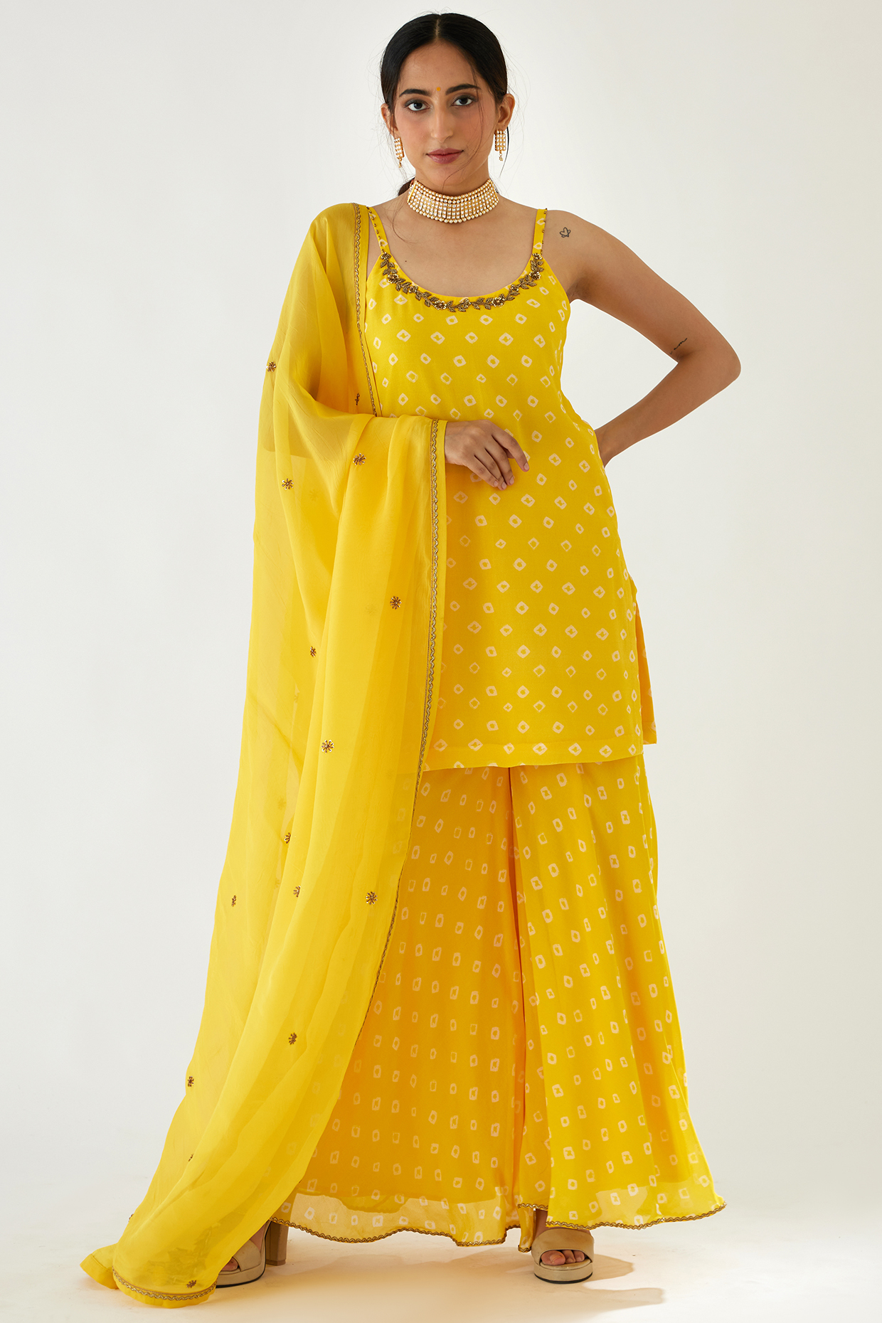 Yellow Bandhani Printed Sharara Set by Nikasha