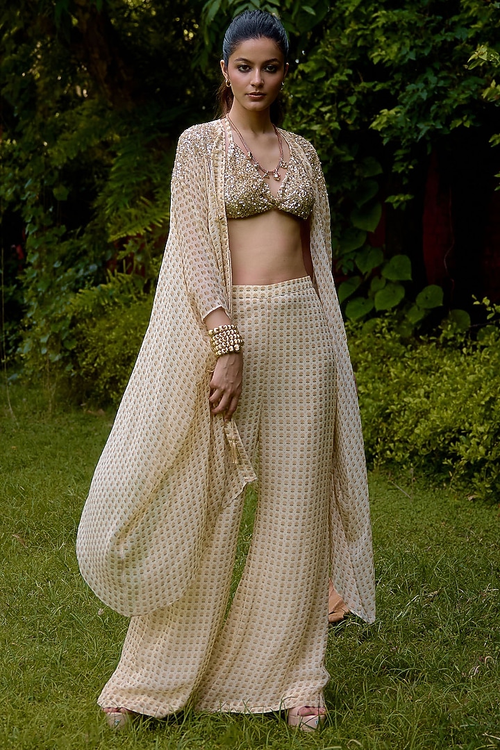 Cream Georgette Printed Cape Set by Nikasha at Pernia's Pop Up Shop