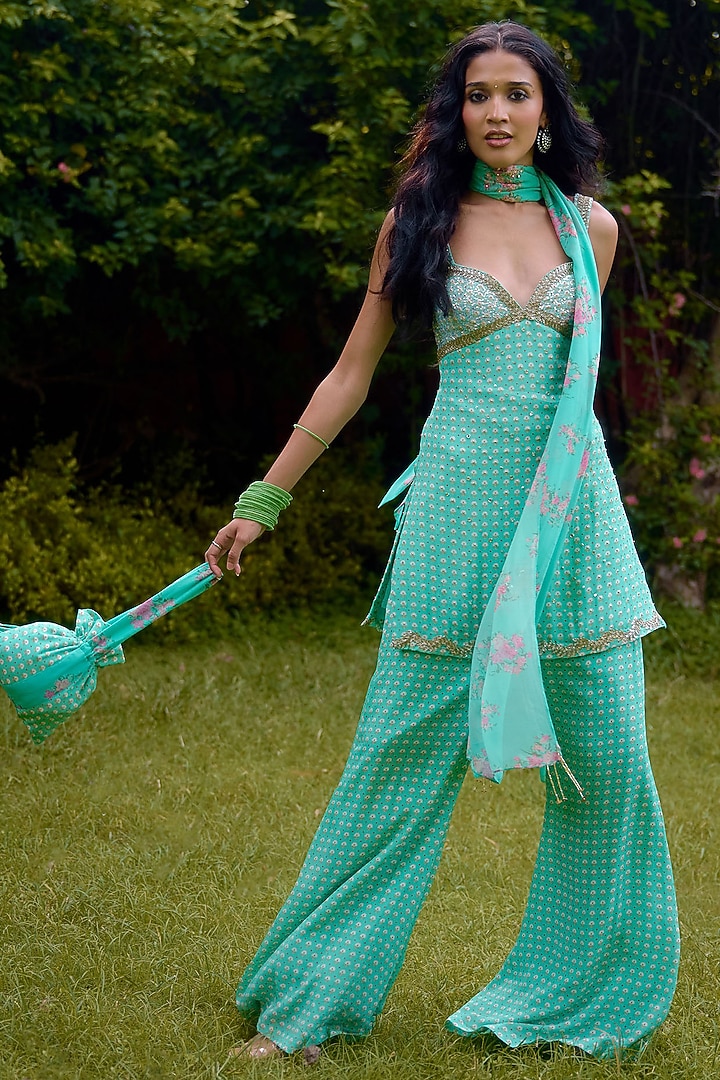 Aqua Silk Crepe Printed & Embroidered Short Kurta Set by Nikasha at Pernia's Pop Up Shop