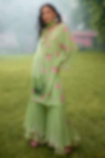 Sap Green Silk Crepe & Georgette Double-Layered Wedding Sharara Set by Nikasha at Pernia's Pop Up Shop