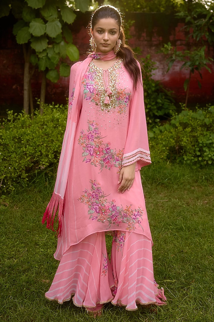 Pink Georgette Double-Layered Wedding Sharara Set by Nikasha at Pernia's Pop Up Shop