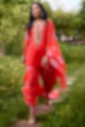 Coral Georgette Printed & Embroidered Kaftan Set by Nikasha at Pernia's Pop Up Shop