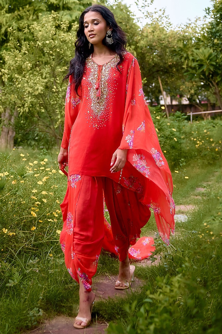 Coral Georgette Printed & Embroidered Kaftan Set by Nikasha at Pernia's Pop Up Shop