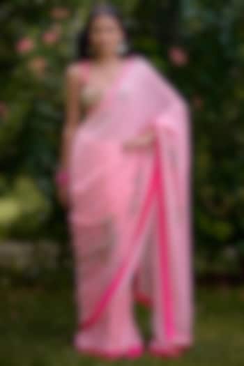 Pink Georgette Printed & Embroidered Wedding Saree Set by Nikasha at Pernia's Pop Up Shop