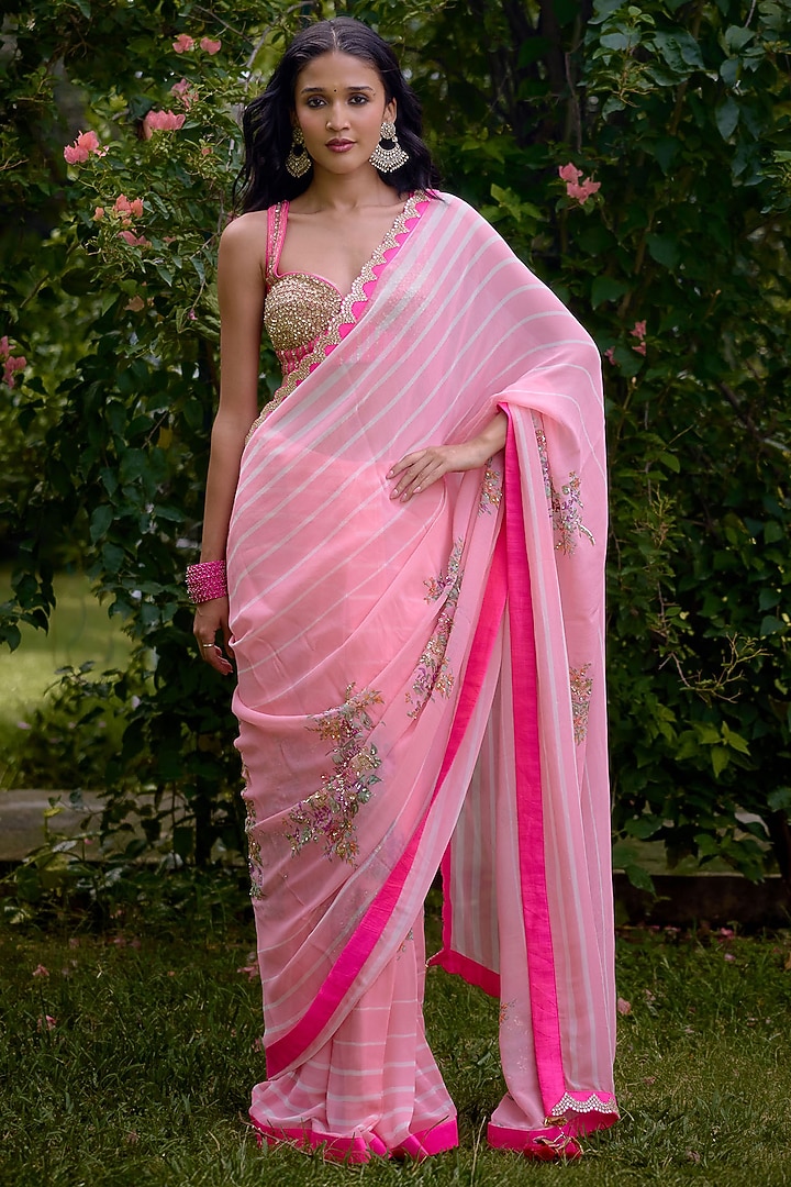 Pink Georgette Printed & Embroidered Wedding Saree Set by Nikasha at Pernia's Pop Up Shop