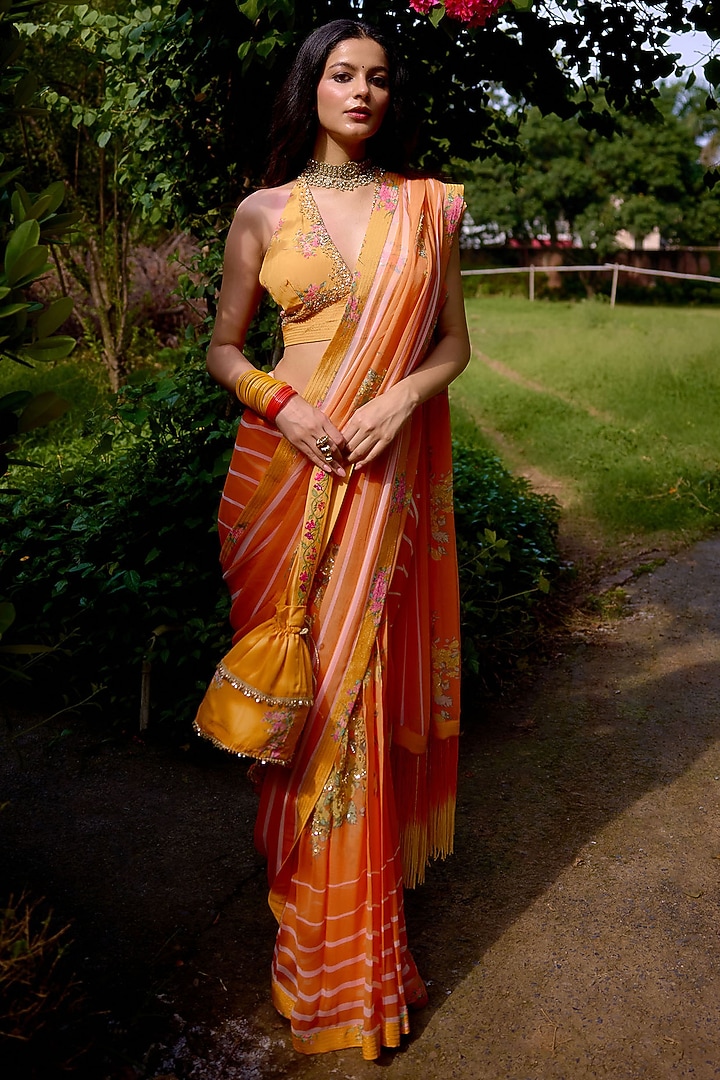 Orange Georgette Printed & Embroidered Wedding Saree Set by Nikasha at Pernia's Pop Up Shop