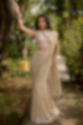 Cream Georgette Printed & Embroidered Wedding Lehenga Saree Set by Nikasha at Pernia's Pop Up Shop