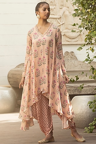 Peach Gulab Printed Dhoti Set by Nikasha
