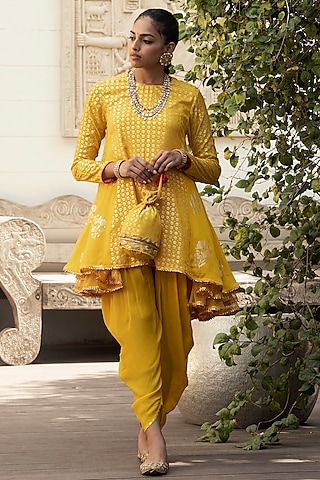 Yellow Foil Printed Dhoti Set by Nikasha