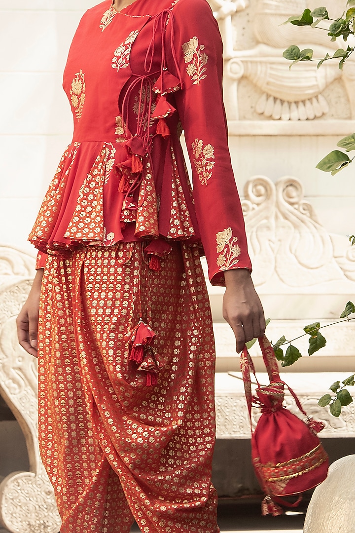 Rose Red Foil Printed Dhoti Set by Nikasha at Pernia's Pop Up Shop