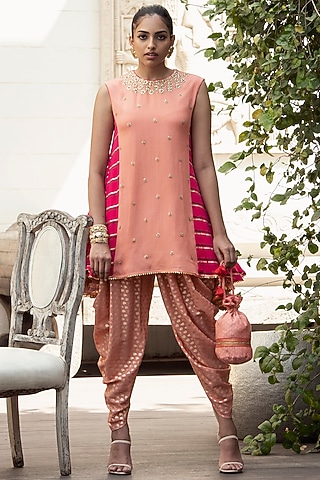 Peach & Rose Red Printed Dhoti Set by Nikasha