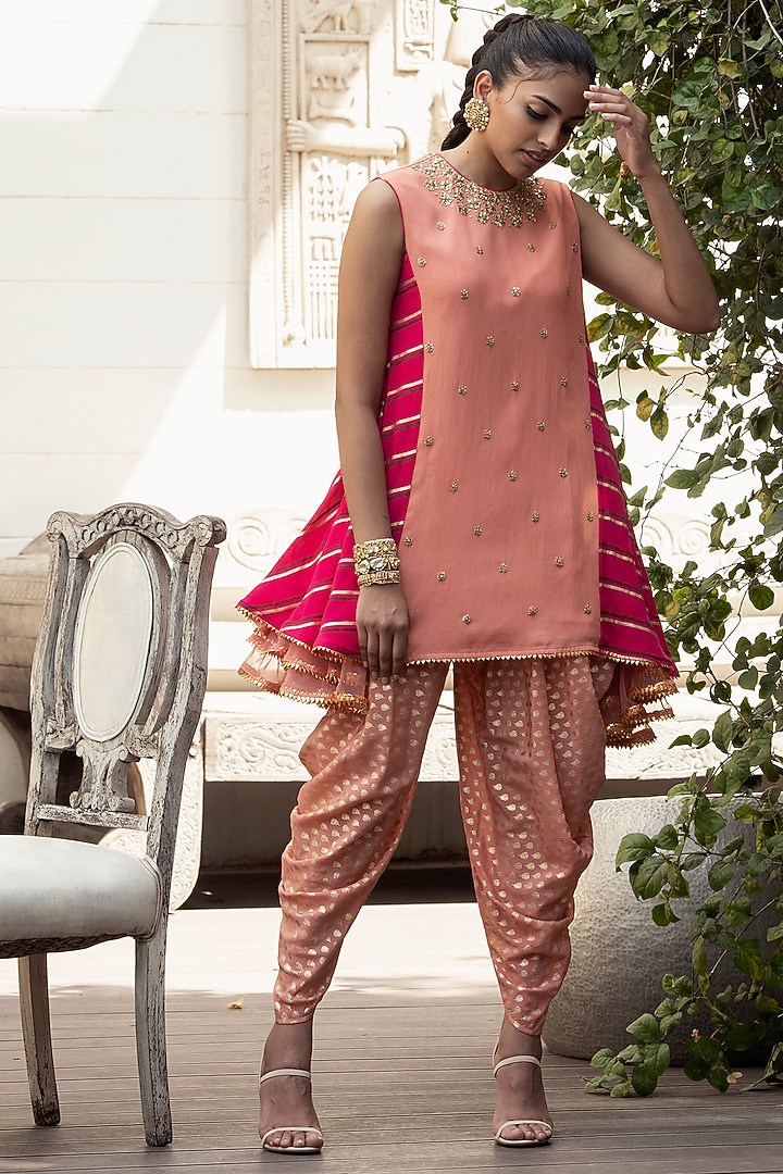 Peach & Rose Red Printed Dhoti Set by Nikasha at Pernia's Pop Up Shop