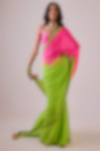 Totiya Lime & Pink Ombre Pure Silk Chiffon Saree Set by Nikasha at Pernia's Pop Up Shop