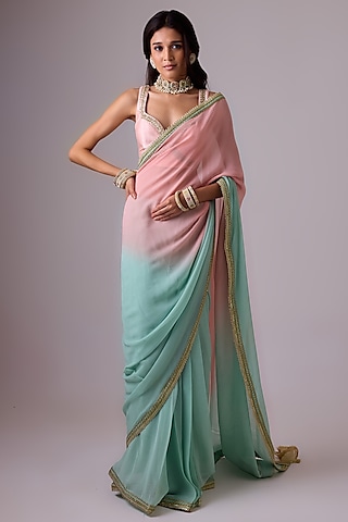 Blue & Pink Ombre Pure Silk Chiffon Saree Set by Nikasha