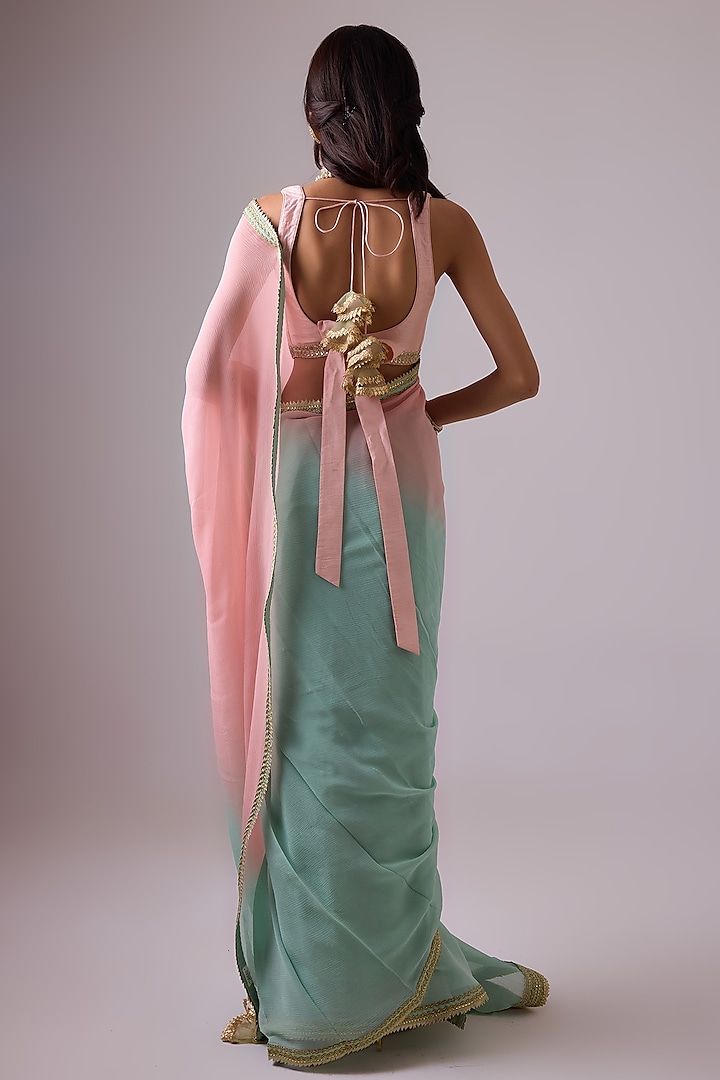 Blue & Pink Ombre Pure Silk Chiffon Wedding Saree Set by Nikasha at Pernia's Pop Up Shop