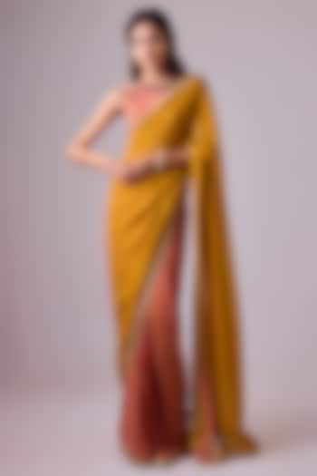 Haldi Yellow & Pink Georgette Printed Pleated Saree Set by Nikasha at Pernia's Pop Up Shop