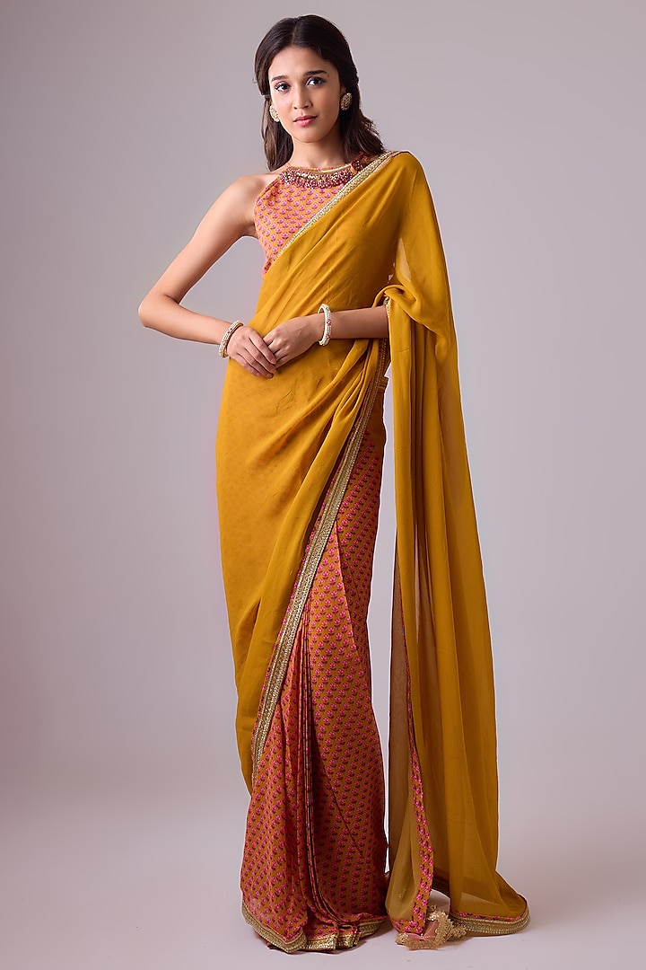 Haldi Yellow & Pink Georgette Printed Pleated Saree Set by Nikasha at Pernia's Pop Up Shop