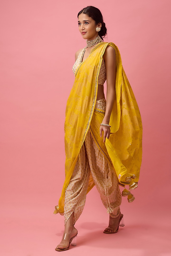 Beige & Yellow Draped Dhoti Saree Set by Nikasha at Pernia's Pop Up Shop