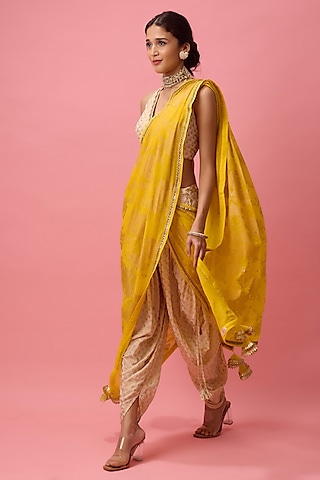 Beige & Yellow Draped Dhoti Saree Set by Nikasha