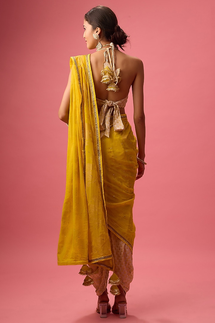 Beige & Yellow Draped Dhoti Party Wear Saree Set by Nikasha at Pernia's Pop Up Shop