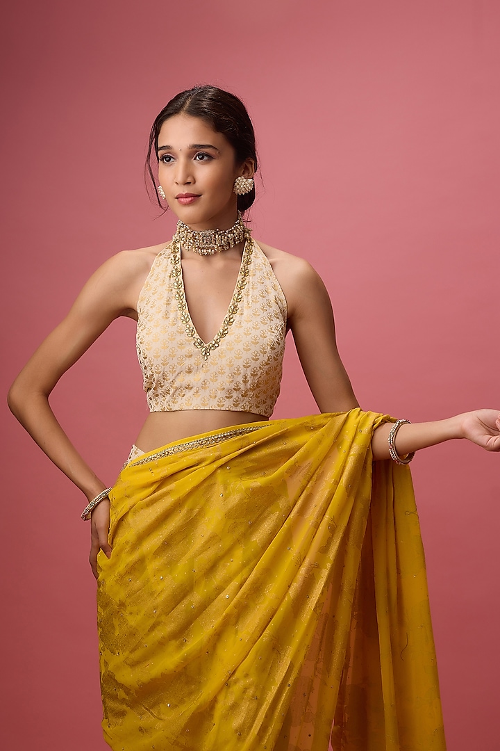 Beige & Yellow Draped Dhoti Party Wear Saree Set by Nikasha at Pernia's Pop Up Shop
