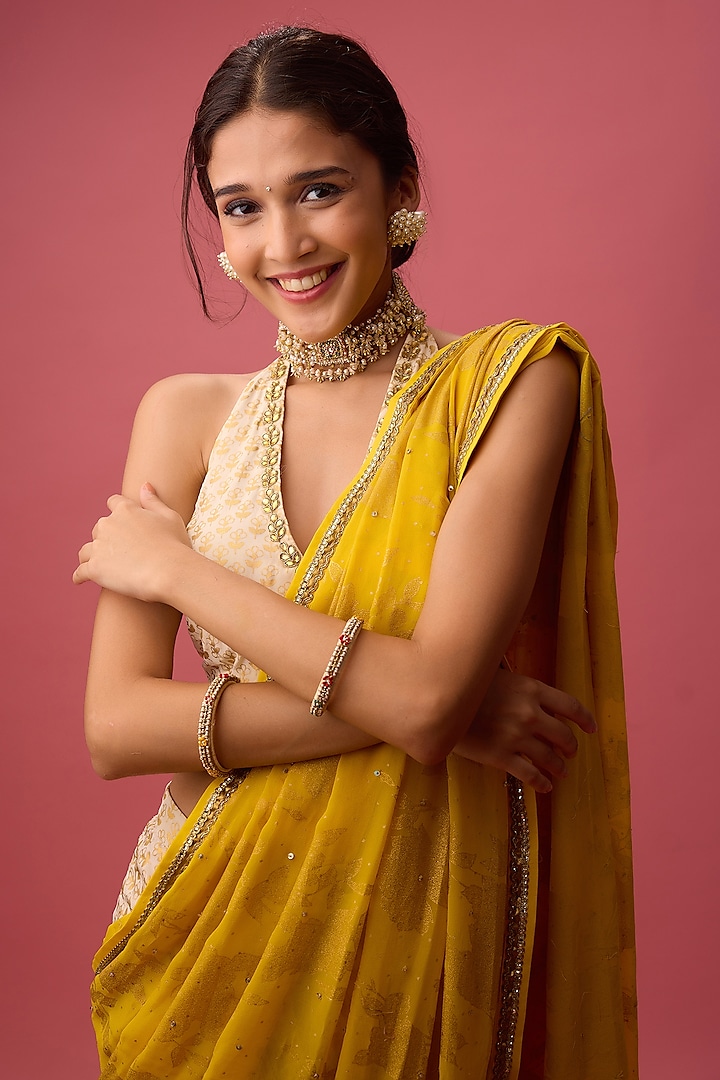 Beige & Yellow Draped Dhoti Party Wear Saree Set by Nikasha at Pernia's Pop Up Shop