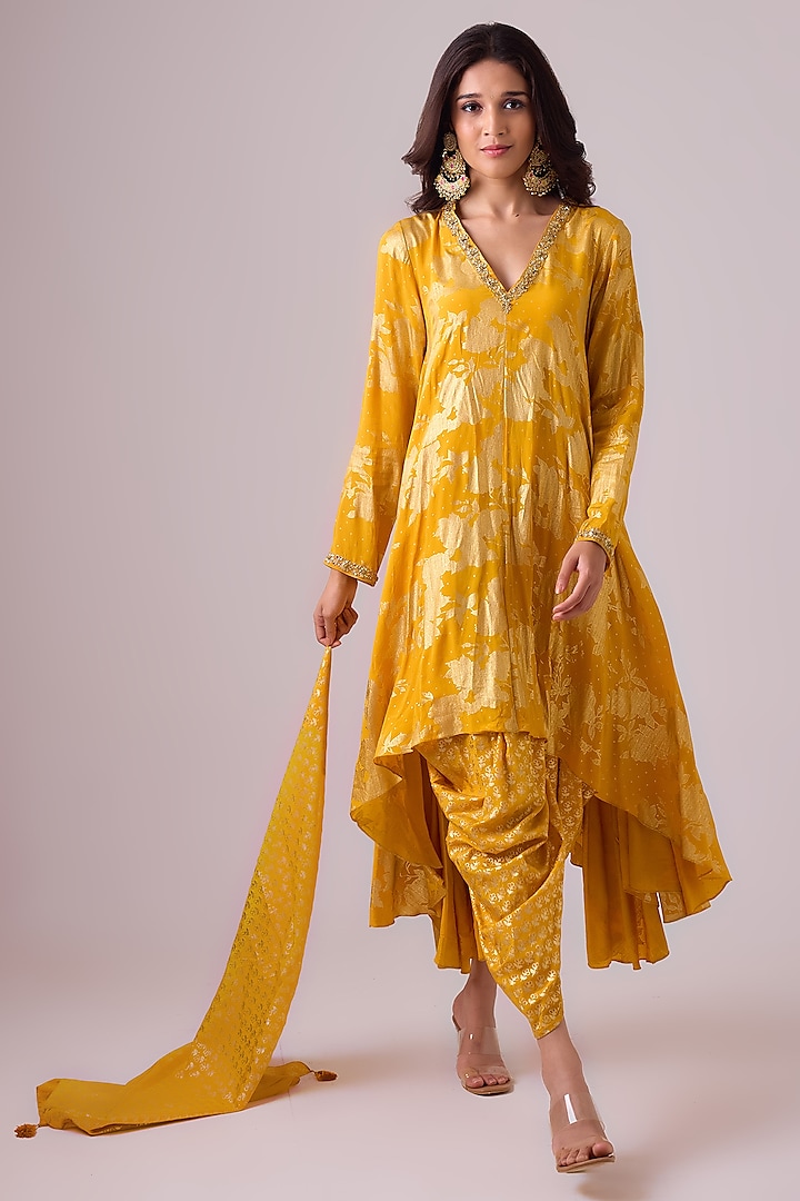 Haldi Yellow Pure Crepe Silk Foil Printed Asymmetric Kurta Set by Nikasha at Pernia's Pop Up Shop