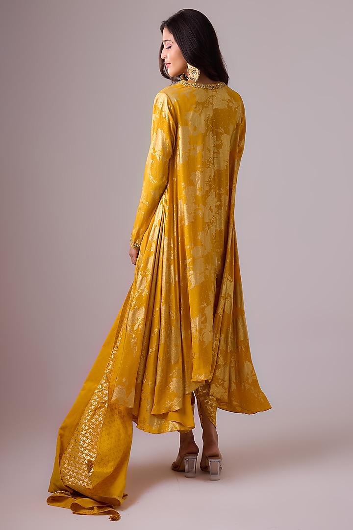 Haldi Yellow Pure Crepe Silk Foil Printed Asymmetric Kurta Set by Nikasha at Pernia's Pop Up Shop