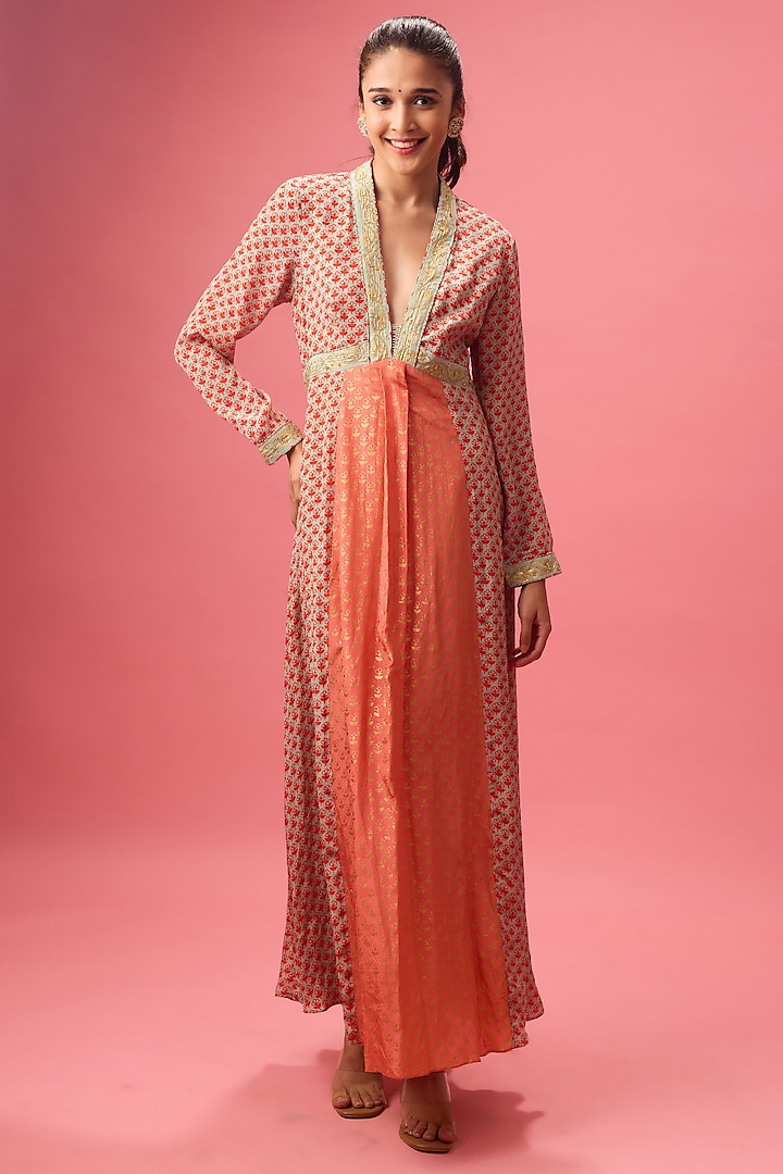 Coral Pure Silk Crepe Foil Printed Asymmetrical Kurta Set by Nikasha at Pernia's Pop Up Shop