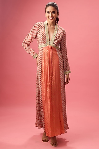 Coral Pure Silk Crepe Foil Printed Asymmetrical Kurta Set by Nikasha