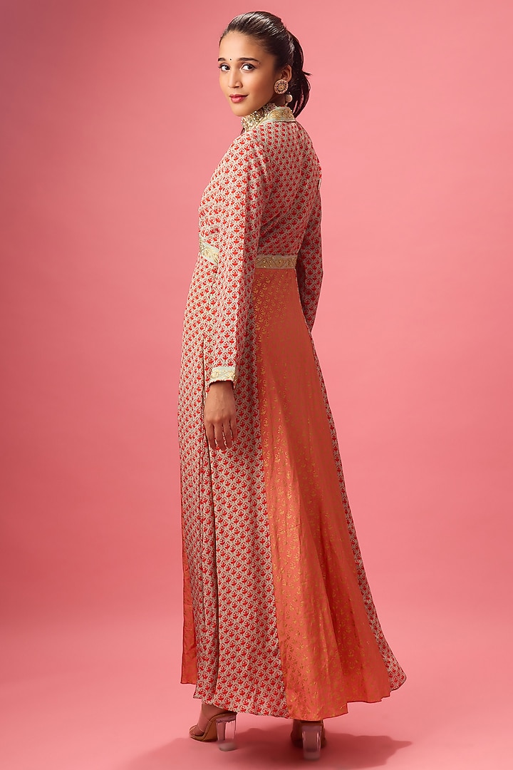 Coral Pure Silk Crepe Foil Printed Asymmetrical Kurta Set by Nikasha at Pernia's Pop Up Shop