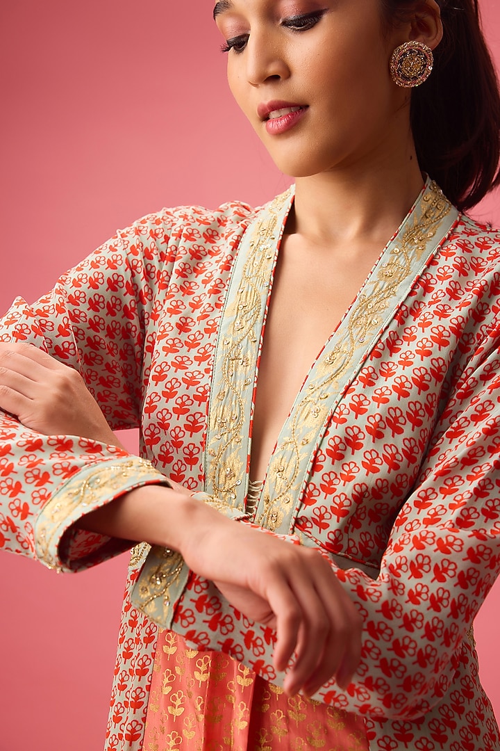 Coral Pure Silk Crepe Foil Printed Asymmetrical Kurta Set by Nikasha at Pernia's Pop Up Shop