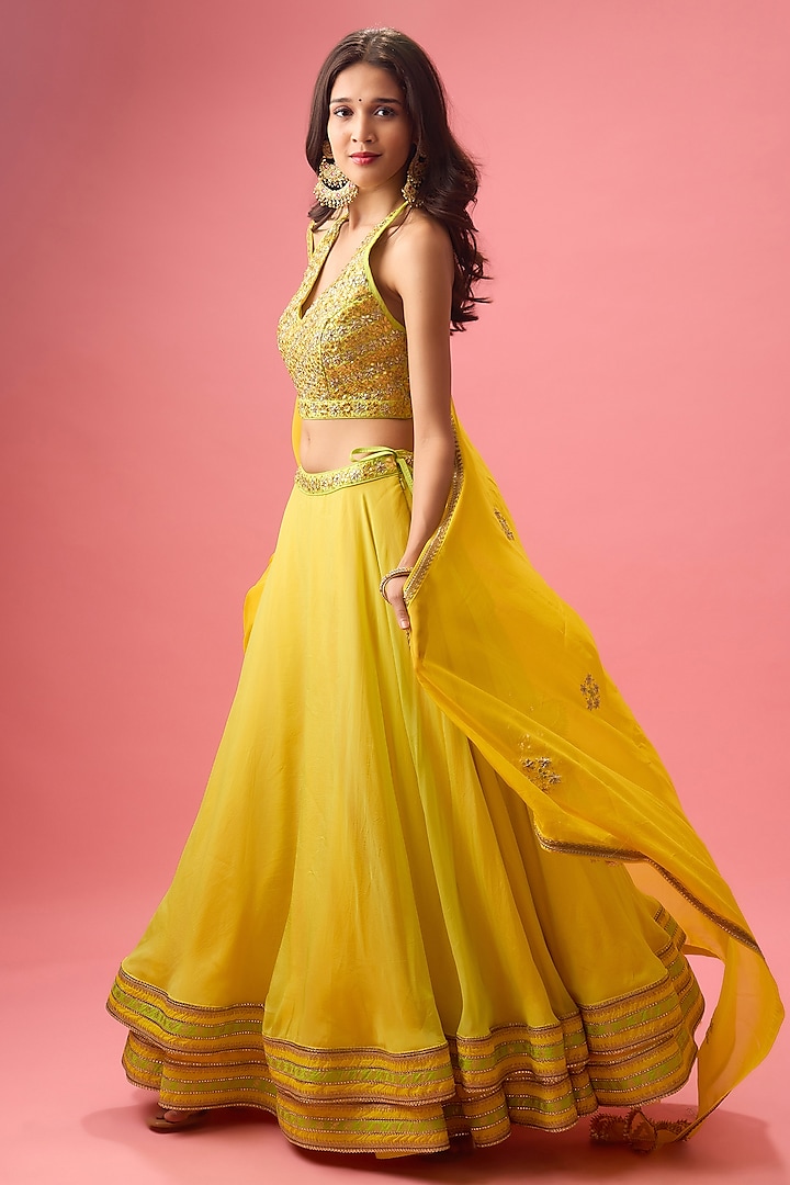 Lime Green Pure Crepe Silk Layered Wedding Lehenga Set by Nikasha at Pernia's Pop Up Shop