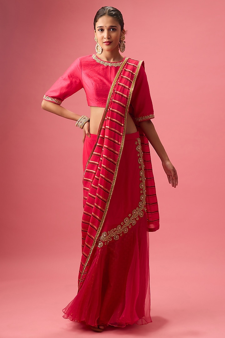 Rani Pink Pure Raw Silk Hand Embroidered Layered Wedding Lehenga Set by Nikasha at Pernia's Pop Up Shop