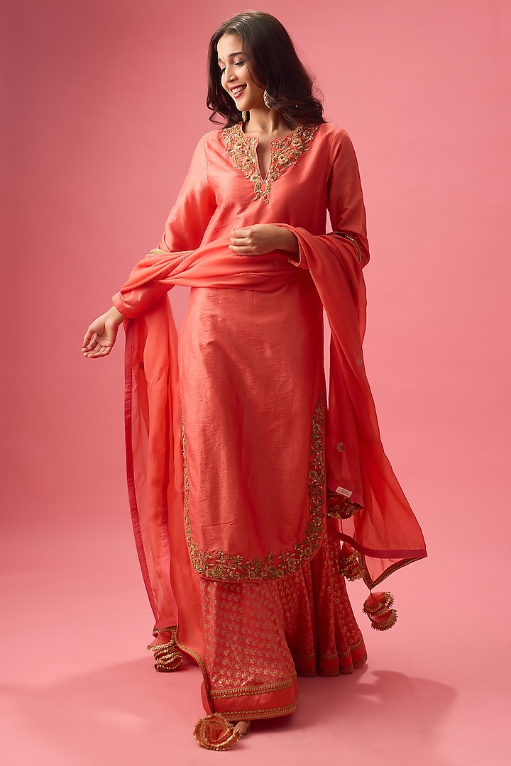 Salmon Pink Pure Raw Silk Hand Embroidered Kurta Set by Nikasha at Pernia's Pop Up Shop