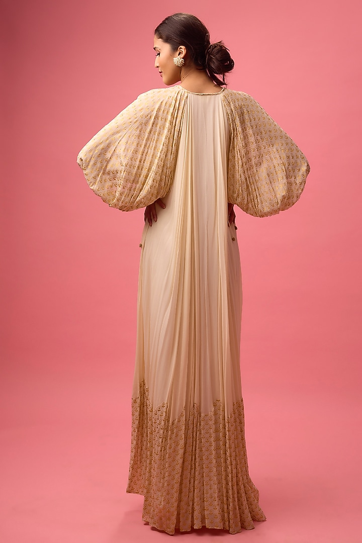 Off-White Georgette Foil Printed Maxi Vacation Dress by Nikasha at Pernia's Pop Up Shop