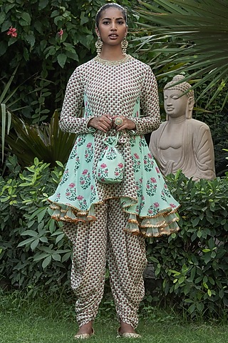 Pista Green Printed Dhoti Set by Nikasha