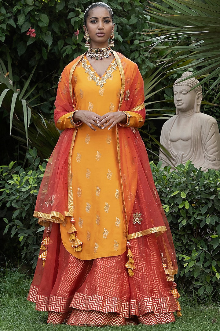 Orange & Red Printed Wedding Lehenga Set by Nikasha at Pernia's Pop Up Shop