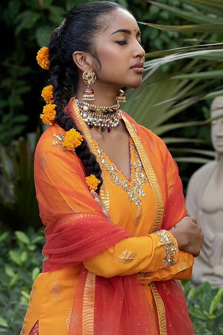 Orange & Red Printed Wedding Lehenga Set by Nikasha at Pernia's Pop Up Shop