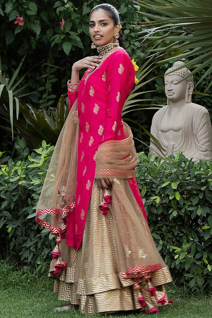 Red & Beige Block Printed Lehenga Set by Nikasha