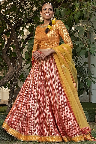 Orange & Red Embroidered Lehenga Set by Nikasha