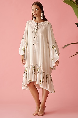 Cream Handwoven Jamdani Cotton Printed Dress by Nikasha